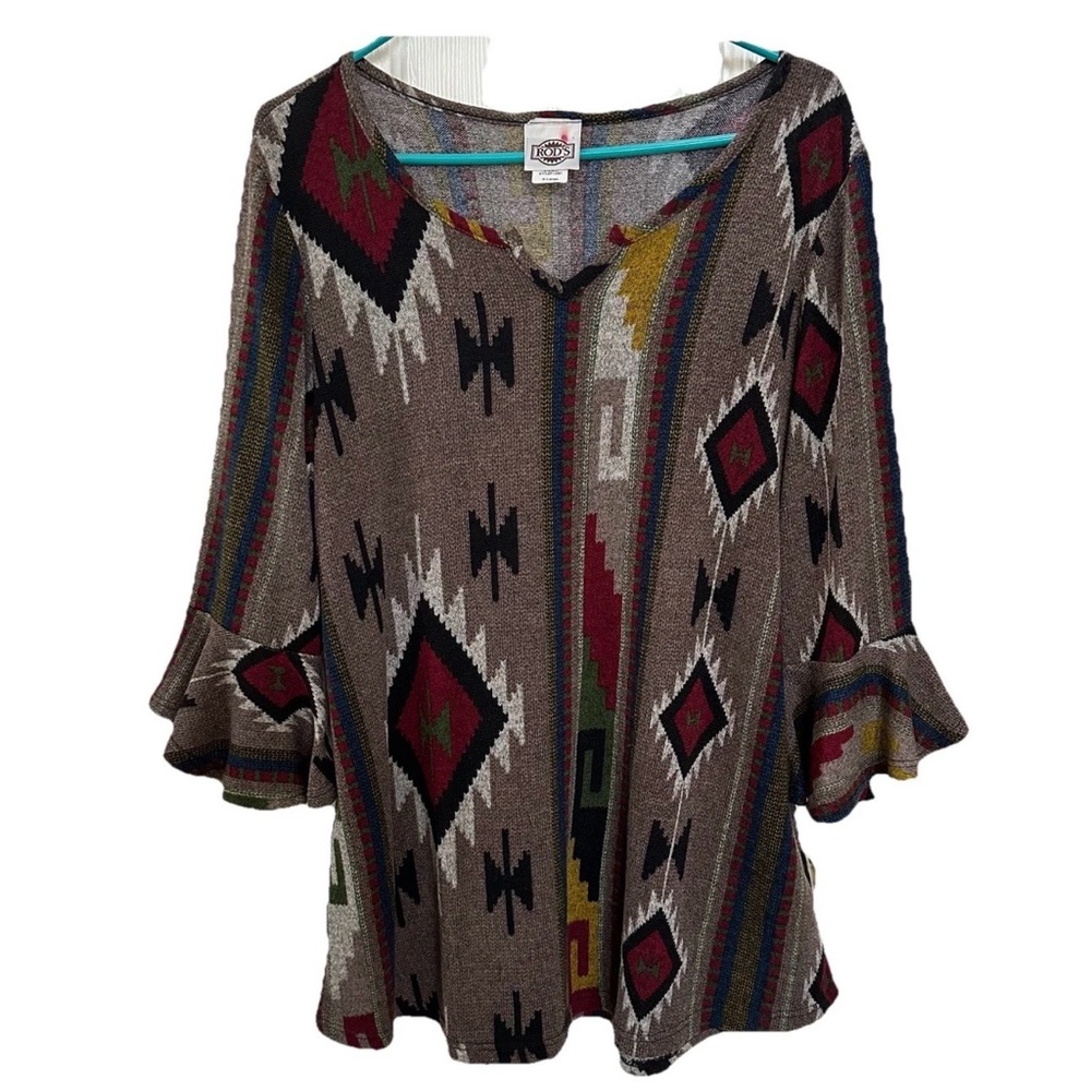 Rod’s Southwestern Aztec Tunic Top Women’s XL Bell Sleeves Country Tribal Cozy